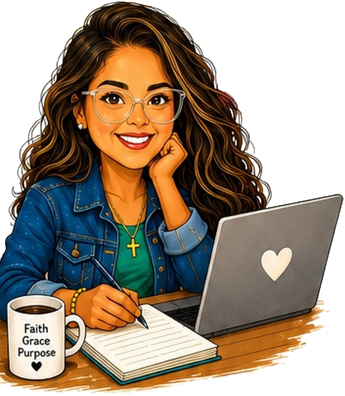 Illustration of Joannis Santiago with laptop, notebook, pen, and coffee mug